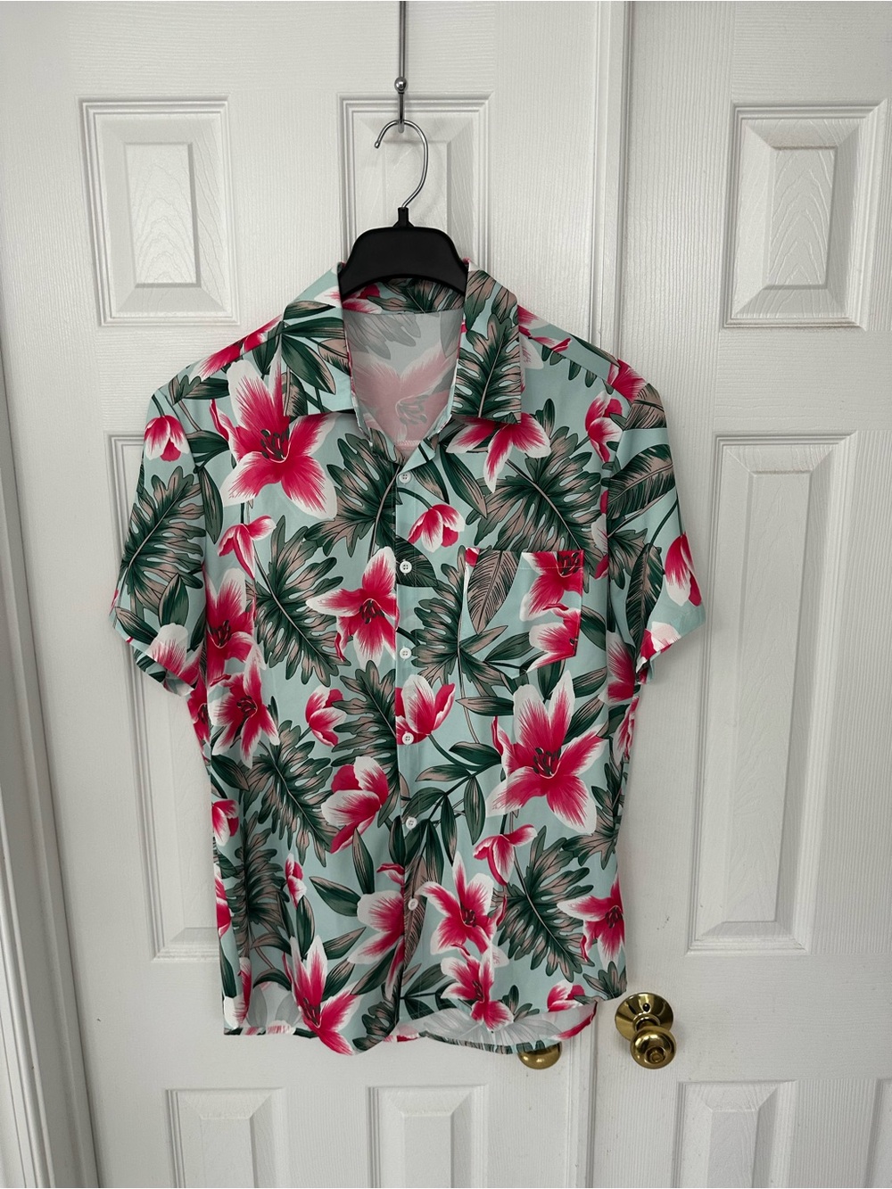 Men's Tropical Floral Short-Sleeve Shirt in Mint Green and Pink